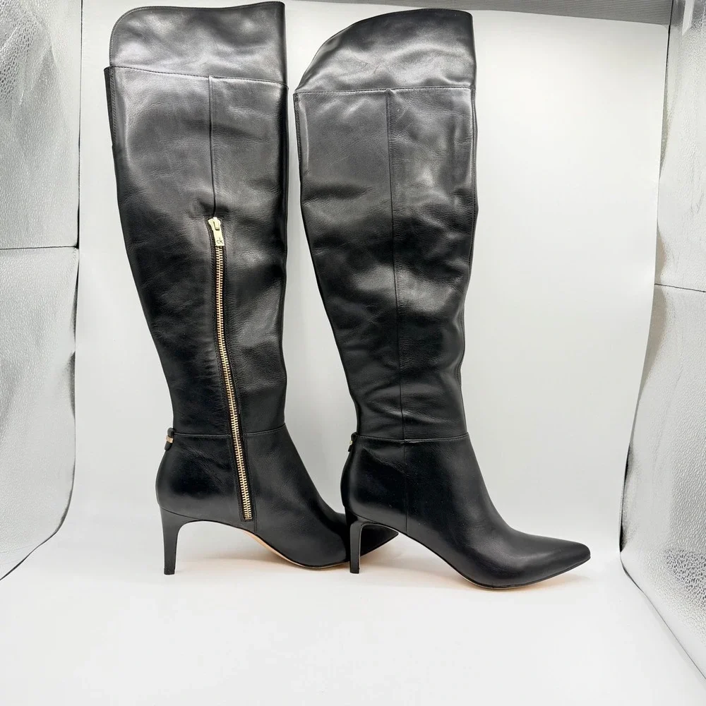 Calvin Klein Coletta Over the Knee Boots Women 6.5 Black Leather Stiletto Luxury